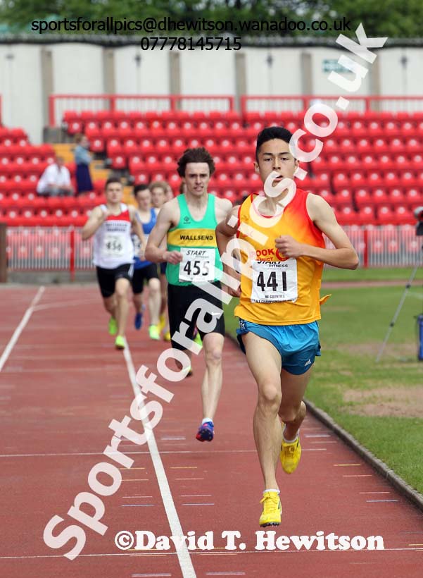 Markhim Lonsdale(Crook) wins the under-17 mens 800 metres to make it a double after winning the 1500 metres North Eastern Championships, Gateshead International Stadium.  Photos: David T. Hewitson/Sports for All Pics